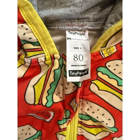 Tiny People Red Yellow Hamburger Hoodie One Piece Pajama Size 12-18 Months - Picture 3 of 5